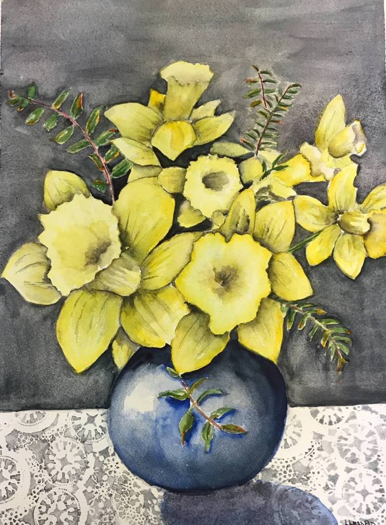 This eye-catching watercolor Daffodils & Lace is by Susan La Madrid. It is 24 inches by 20 inches.