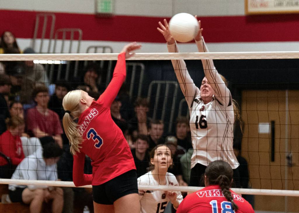 PHOTO BY VAN ADAM DAVIS Willapa Valleys Paislee Hurley (3) attempts a kill against Ocostas Anna Davis during the Wildcats 3-1 win on Thursday in Westport.