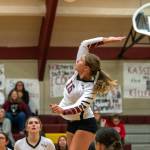 PHOTO BY FOREST WORGUM Raymond-South Bends Kassie Koski (15) rises up for a kill during a straight-set victory over Elma on Monday at South Bend High School.