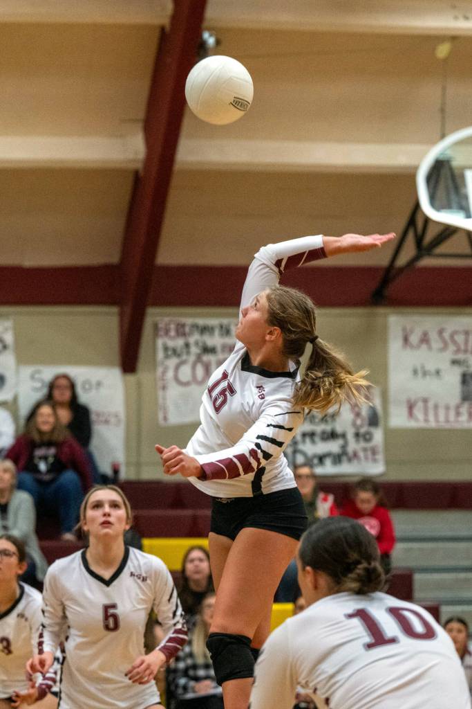 PHOTO BY FOREST WORGUM Raymond-South Bends Kassie Koski (15) rises up for a kill during a straight-set victory over Elma on Monday at South Bend High School.