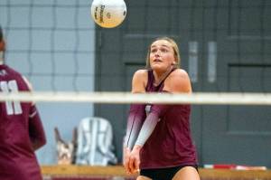 PHOTO BY FOREST WORGUM 
Montesano senior Kaila Hatton digs the ball during the Bulldogs 3-0 victory over Rochester on Tuesday in Montesano.
