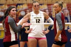 RYAN SPARKS | THE DAILY WORLD Aberdeen senior Lilly Camp (12) stares down the W.F. West side during a 3-0 victory on Tuesday at Aberdeen High School.