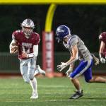 PHOTO BY FOREST WORGUM Montesano running back Terek Gunter (17) runs for a touchdown in the fourth quarter of a 34-28 win over Nooksack Valley on Friday at Jack Rottle Field in Montesano.