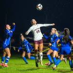 PHOTO BY FOREST WORGUM Hoquiams Angelina Brunzie (28) leaps to make a play on the ball during a 2-0 loss to Elma on Tuesday at Elma High School.