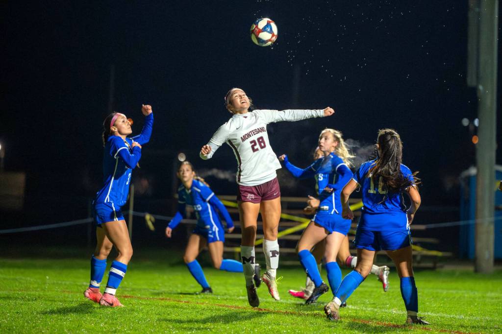 PHOTO BY FOREST WORGUM Hoquiams Angelina Brunzie (28) leaps to make a play on the ball during a 2-0 loss to Elma on Tuesday at Elma High School.