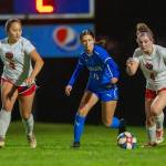 PHOTO BY FOREST WORGUM Elma midfielder Zippy Valentine (0) competes for possession against Columbia (White Salmon) players Kiera Bucher (left) and Willow Cohen during a 1A District 4 Tournament game on Tuesday at Davis Field in Elma.