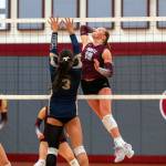 PHOTO BY FOREST WORGUM Montesanos Kalia Hatton (10) rises for a kill during a 3-2 win over Seton Catholic during the 1A District 4 Tournament on Wednesday in Hoquiam.