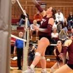PHOTO BY HAILEY BLANCAS Montesano senior Kylee Wisdom makes a play at the net during a 1A District 4 Tournament game on Wednesday at Hoquiam High School.