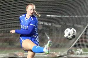 RYAN SPARKS | THE DAILY WORLD Elma defender Amaya Lewis sends the ball forward during a 2-0 victory over Rochester in a 1A District 4 elimination game on Saturday at Jack Rottle Field in Montesano.