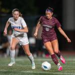 PHOTO BY FOREST WORGUM Montesano senior Adda Potts (right) dribbles during a 2-0 loss to University Prep in a 1A State Tournament first-round game on Wednesday in Montesano.