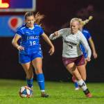 PHOTO BY FOREST WORGUM 
The 1A Evergreen League Co-Defensive Player of the Year, Montesanos Addi Kersker (right), defends against First Team Defender Maddie Barrera of Elma in a game from Oct. 29.