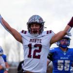 PHOTO BY FOREST WORGUM Montesanos Toren Crites raises his arms after scoring a touchdown during a 21-10 win over La Center in a 1A State Football quarterfinal game on Saturday at Woodland High School.