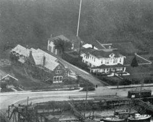 Photos courtesy Polson Museum
Aerial view of the Arnold and Priscilla Polson house under construction at 17th Street and Riverside Avenue in Hoquiam. Note the scaffolding surrounding the building and that windows had yet to be installed. To the right of the mansion is the Alex and Ella Polson home, a stately mansion built in 1886 for Alex Polson and demolished in 1941 under the direction of his widow, Ella Polson.