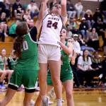 PHOTO BY HAILEY BLANCAS Montesanos Jillie Dalan scores two of her team-high 23 points during a 57-46 victory over Tumwater on Thursday at Montesano High School.
