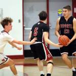 RYAN SPARKS | THE DAILY WORLD Ocostas Michael Priest (23) receives a handoff from Noah Prigmore (5) as Hoquiams Ryker Maxfield defends during the Wildcats 55-39 victory on Thursday at Hoquiam Square Garden.