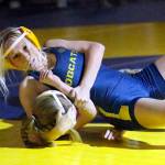 RYAN SPARKS | THE DAILY WORLD
Aberdeen sophomore Daisy Vessey (top) controls Montesano's Karlee Watson during the title match of the 110-pound weight class at the Grays Harbor Championships on Saturday at Aberdeen High School.