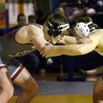 RYAN SPARKS | THE DAILY WORLD Hoquiams Oliver Bryson (left) defeated North Thurstons Charles Miller via 20-3 technical fall in the 190-pound final at the Grays Harbor Championships on Saturday at Aberdeen High School.