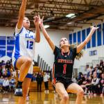 PHOTO BY MIKE ROBERTS Elmas Kahlea Tolentino (12) puts up a shot against Centralias Ayana Saucedo during the Eagles 46-26 loss on Friday in Elma.