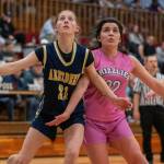 PHOTO BY FOREST WORGUM Aberdeens Kennedy Kolodzie (left) and Hoquiams Austyn Capoeman compete for a rebound during the Grizzlies 47-42 victory on Monday in Hoquiam.