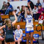 PHOTO BY MIKE ROBERTS Elmas Keke Bol (right) shoots against Montesanos Makena Blancas during the Eagles 40-21 loss on Thursday in Elma.
