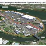 Map of existing conditions showing railroad crossings between US 12 and commercial areas to the south