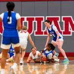 PHOTO BY MIKE ROBERTS Hoquiams Aaliyah Kennedy (bottom left) and Elmas Keke Bol (bottom right) compete for a loose ball during the Grizzlies 44-5 win on Friday at Hoquiam High School.