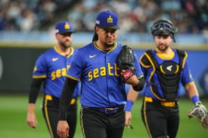 Dean Rutz / The Seattle Times
Seattle Mariners pitcher Luis Castillo walks to the mound for a start against the Texas Rangers, June 14, 2024 in Seattle.