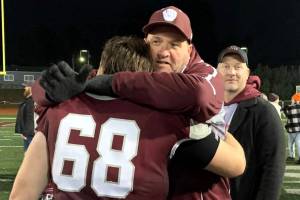 SUBMITTED PHOTO Longtime Montesano youth sports coach Steve Bove, seen here consoling Montesanos Kyle Caton in 2022, has been recently diagnosed with cancer and hospitalized. A fundraiser has been set up to help with medical expenses.