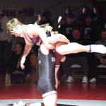 PHOTO BY SUE MICHALAK BUDSBERG Hoquiams Oliver Bryson (bottom) defeated Montesanos Kyle Caton during the 190-pound title match at the 1A District 4 EvCo tournament on Saturday at Hoquiam High School.