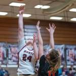 PHOTO BY FOREST WORGUM 
Montesanos Jillie Dalan (24) shoots against Kalamas Aubrey Doerty during the Bulldogs 74-40 win in the 1A District 4 Tournament on Wednesday in Montesano.