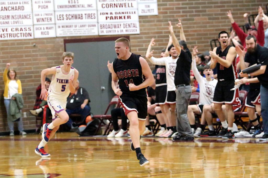 RYAN SPARKS | THE DAILY WORLD Ocosta senior guard Kayden Turner (14) celebrates after hitting a 3-pointer in the fourth quarter of a 46-44 loss to Willapa Valley in the 1B District 4 championship game on Saturday at Montesano High School.