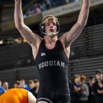 JIM THRALL | MATFOCUS.COM Hoquiams Oliver Bryson raises his arms after winning the 1A class 190-pound state championship at the Mat Classic XXXVI on Saturday at the Tacoma Dome.
