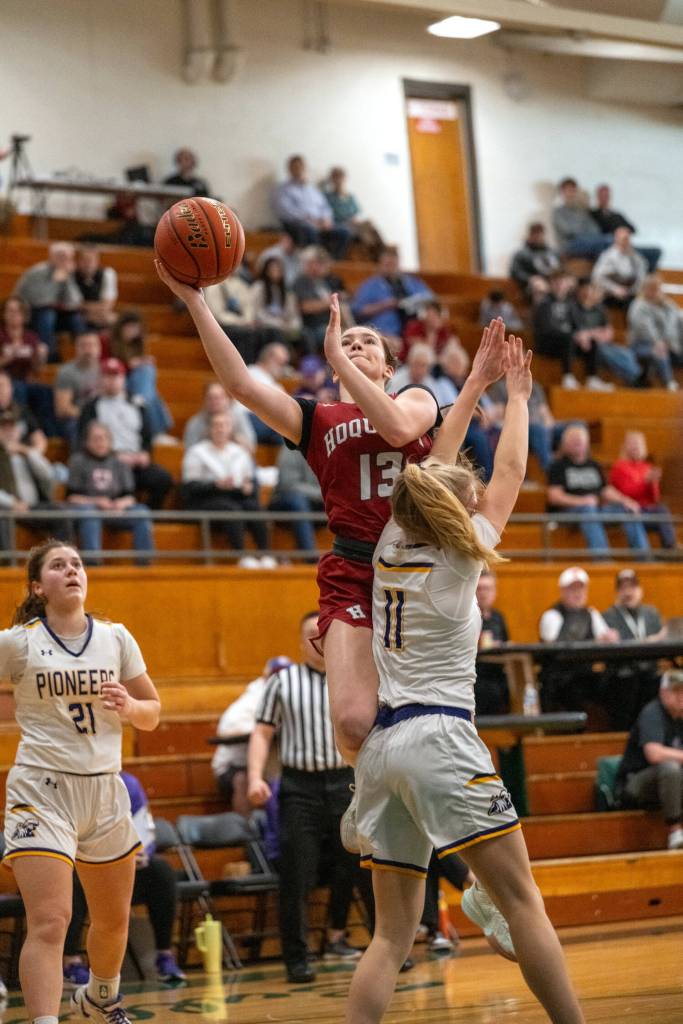 PHOTO BY FOREST WORGUM Hoquiams Katlyn Brodhead (13) shoots against Nooksack Valleys Kate Shintaffer (11) during the Grizzlies 64-42 loss in a 1A State Tournament game on Saturday at Mount Vernon High School.