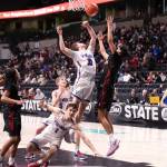 PHOTO BY TIA CHANNELL Willapa Valleys Blane King (10), Brody Ritzman (1) and Brody Aust (5) compete for a rebound against Tulalip Heritages Tokala Black Tomahawk during a 64-46 loss in the 1B State Tournament fourth/sixth-place game on Saturday in Spokane.