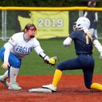 RYAN SPARKS | THE DAILY WORLD Aberdeens Zoe Vessey slides in safe ahead of the tag of Elmas Jasmyne Kish during the Montesano Jamboree on Saturday at Dick Tagman Field.