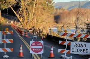 Lissy Andros / Forks Chamber of Commerce
The Hoh River undercut Upper Hoh Road, shown on Jan. 19, the only vehicular access to Olympic National Parks Hoh Rainforest, in December 2024.