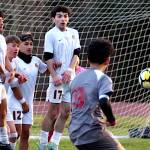 RYAN SPARKS | THE DAILY WORLD Aberdeen defenders (from left) Angel Espinosa, Ryker Scott, Ricky Granados and Trino Villar form a wall against a free-kick attempt by Hoquiams Santiago Martinez Ortiz during the Bobcats 3-1 win on Thursday in Hoquiam.