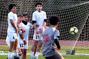 RYAN SPARKS | THE DAILY WORLD Aberdeen defenders (from left) Angel Espinosa, Ryker Scott, Ricky Granados and Trino Villar form a wall against a free-kick attempt by Hoquiams Santiago Martinez Ortiz during the Bobcats 3-1 win on Thursday in Hoquiam.