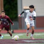 PHOTO BY FOREST WORGUM Hoquiam forward Santiago Martinez (9) scored two first-half goals in a 6-3 loss to Montesano on Tuesday in Montesano.