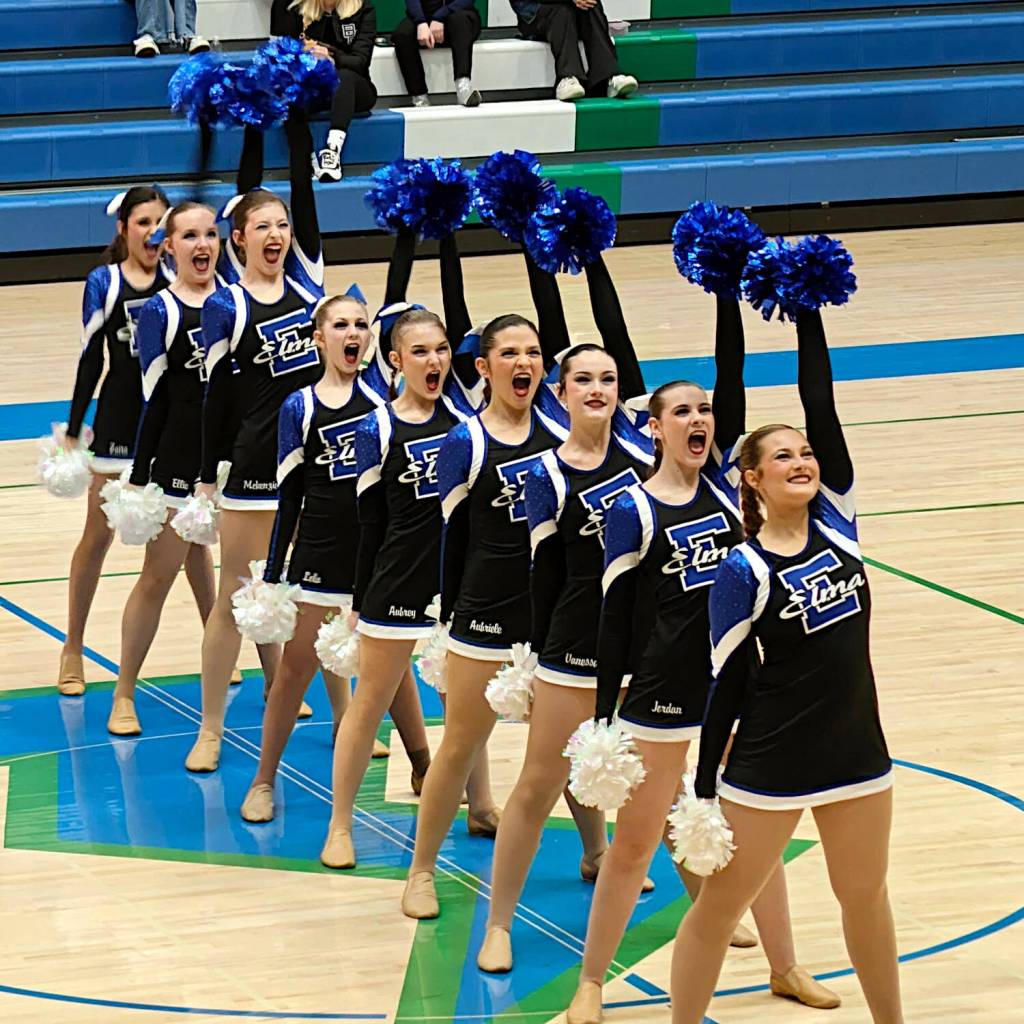 SUBMITTED PHOTO The Elma High School cheer team competes at a district championship meet on Saturday, March 15 in Vancouver.