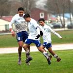 RYAN SPARKS | THE DAILY WORLD Elma forward Luis Torres (middle) celebrates with teammates Oscar Pineda (8) and Gregory Mendez after scoring a goal in 5-2 win over Hoquiam on Thursday in Hoquiam.