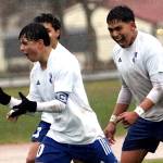 RYAN SPARKS | THE DAILY WORLD Elma forward Luis Torres (middle) celebrates with teammates Oscar Pineda (8) and Gregory Mendez after scoring a goal in 5-2 win over Hoquiam on Thursday in Hoquiam.