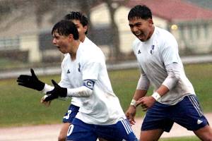 RYAN SPARKS | THE DAILY WORLD Elma forward Luis Torres (middle) celebrates with teammates Oscar Pineda (8) and Gregory Mendez after scoring a goal in 5-2 win over Hoquiam on Thursday in Hoquiam.