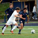 RYAN SPARKS | THE DAILY WORLD Aberdeen defender Angel Espinosa (4) defends against W.F. Wests Israel Lopez Cruz during the Bobcats 1-0 loss on Tuesday at Stewart Field in Aberdeen.