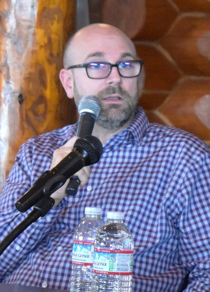 Elma Mayor Josh Collette speaks at the Lunch with the Mayors event. (Jerry Knaak / The Daily World)