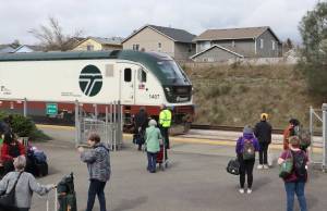 Tom Banse / Washington State Standard
Amtrak has not provided a timeline for when replacement train cars might arrive to replace the aging Horizon coaches that were abruptly pulled from service on March 26. Here a train is seen at the Olympia-Lacey station in 2022.