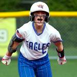 RYAN SPARKS | THE DAILY WORLD Elma catcher Raelynn Weld cheers after hitting a double during a 19-6 win over Hoquiam on Thursday in Montesano.