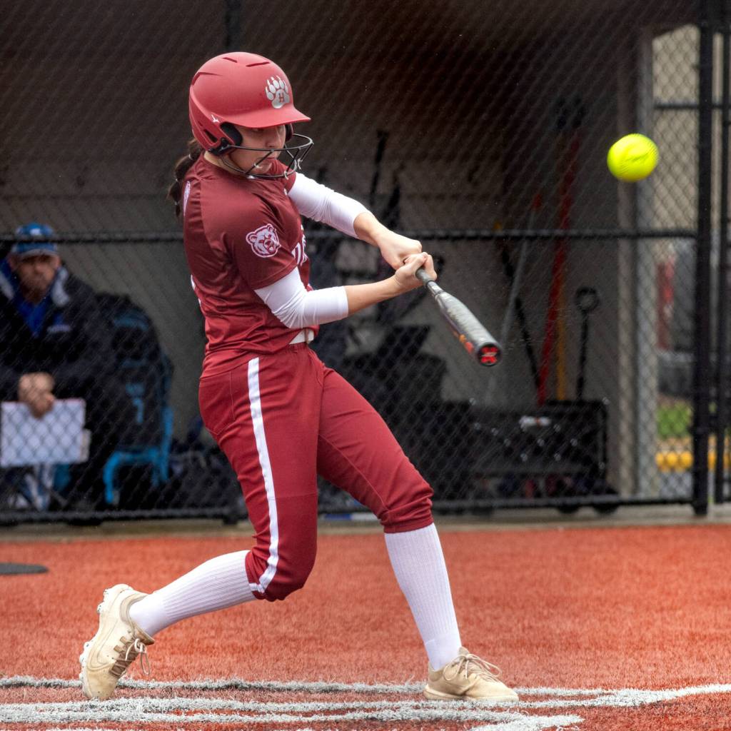 PHOTO BY FOREST WORGUM Hoquiam shortstop Lexi LaBounty belts a three-run home run in the first inning of a 19-6 loss to Elma on Thursday in Montesano.