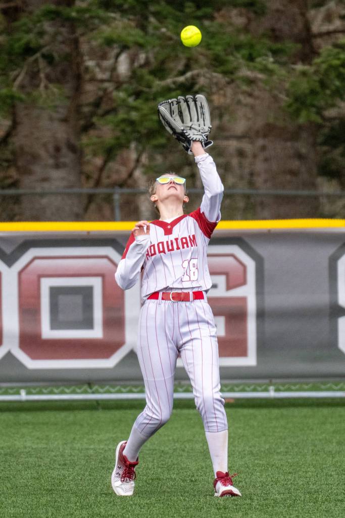PHOTO BY FOREST WORGUM Hoquiam outfielder Nadine Stewart makes a catch during a 12-1 loss to Lynden Christian on Friday at Dick Tagman Field in Montesano.
