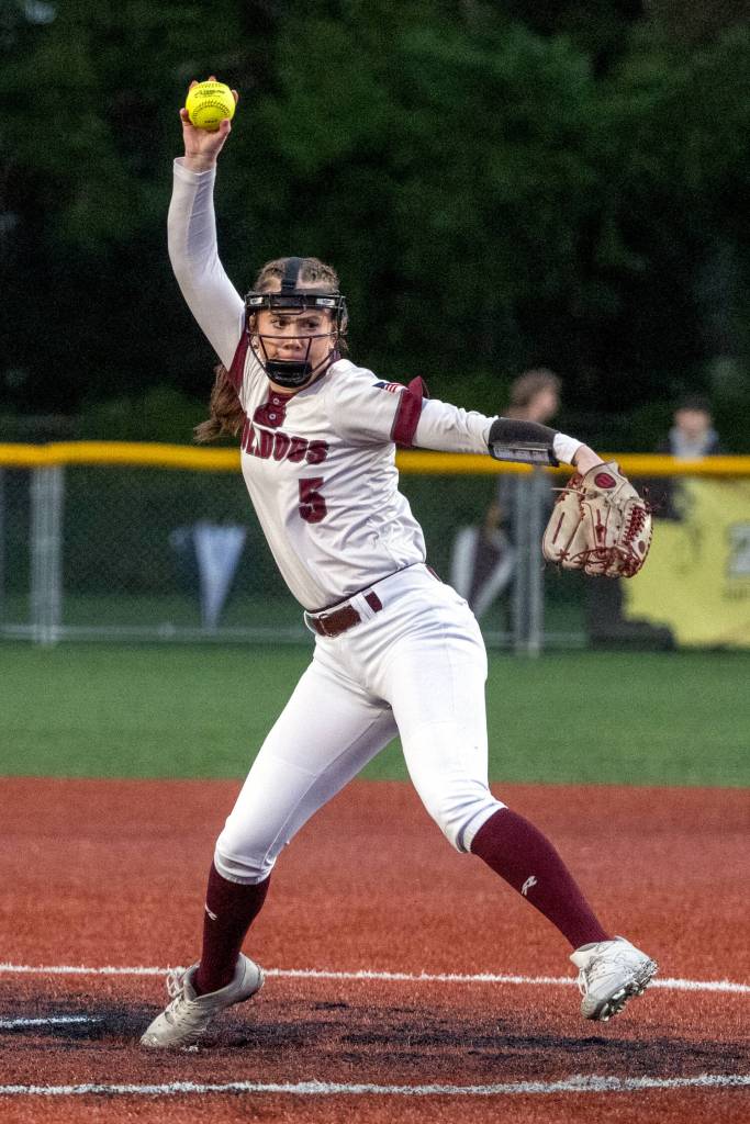 PHOTO BY FOREST WORGUM Montesano pitcher Grace Gooding tossed a one-hit shutout in an 8-0 win over Lynden Christian on Friday in Montesano.